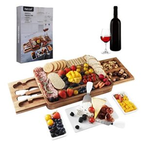 hecef cheese board set acacia wood - large charcuterie board with stainless steel knife set, thick wooden server - fancy house warming gift, birthday present & perfect choice for gourmets