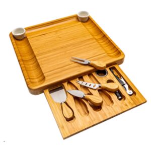 sevin clover bamboo cheese board and knife set - wood charcuterie wine meat cheese platter with slide out drawer for cutlery, 4 stainless steel knives and server set