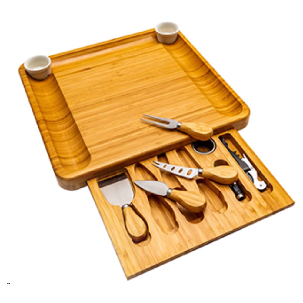 SEVIN CLOVER Bamboo Cheese Board and Knife Set - Wood Charcuterie Wine Meat Cheese Platter with Slide Out Drawer for Cutlery, 4 Stainless Steel Knives and Server Set