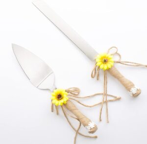 atailove rustic style cake cutting set for wedding, burlap sunflower stainless steel wedding cake knife and serving set for wedding, birthdays, babay shower, parties