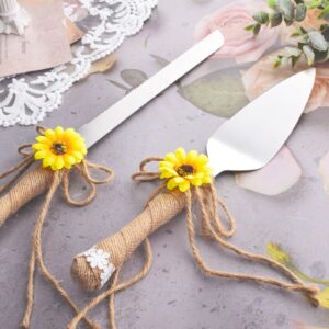 ATAILOVE Rustic Style Cake Cutting Set for Wedding, Burlap Sunflower Stainless Steel Wedding Cake Knife and Serving Set for Wedding, Birthdays, Babay Shower, Parties