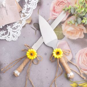 ATAILOVE Rustic Style Cake Cutting Set for Wedding, Burlap Sunflower Stainless Steel Wedding Cake Knife and Serving Set for Wedding, Birthdays, Babay Shower, Parties