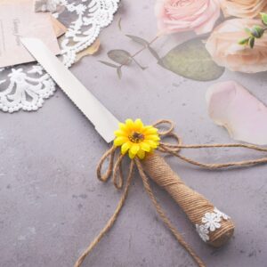 ATAILOVE Rustic Style Cake Cutting Set for Wedding, Burlap Sunflower Stainless Steel Wedding Cake Knife and Serving Set for Wedding, Birthdays, Babay Shower, Parties