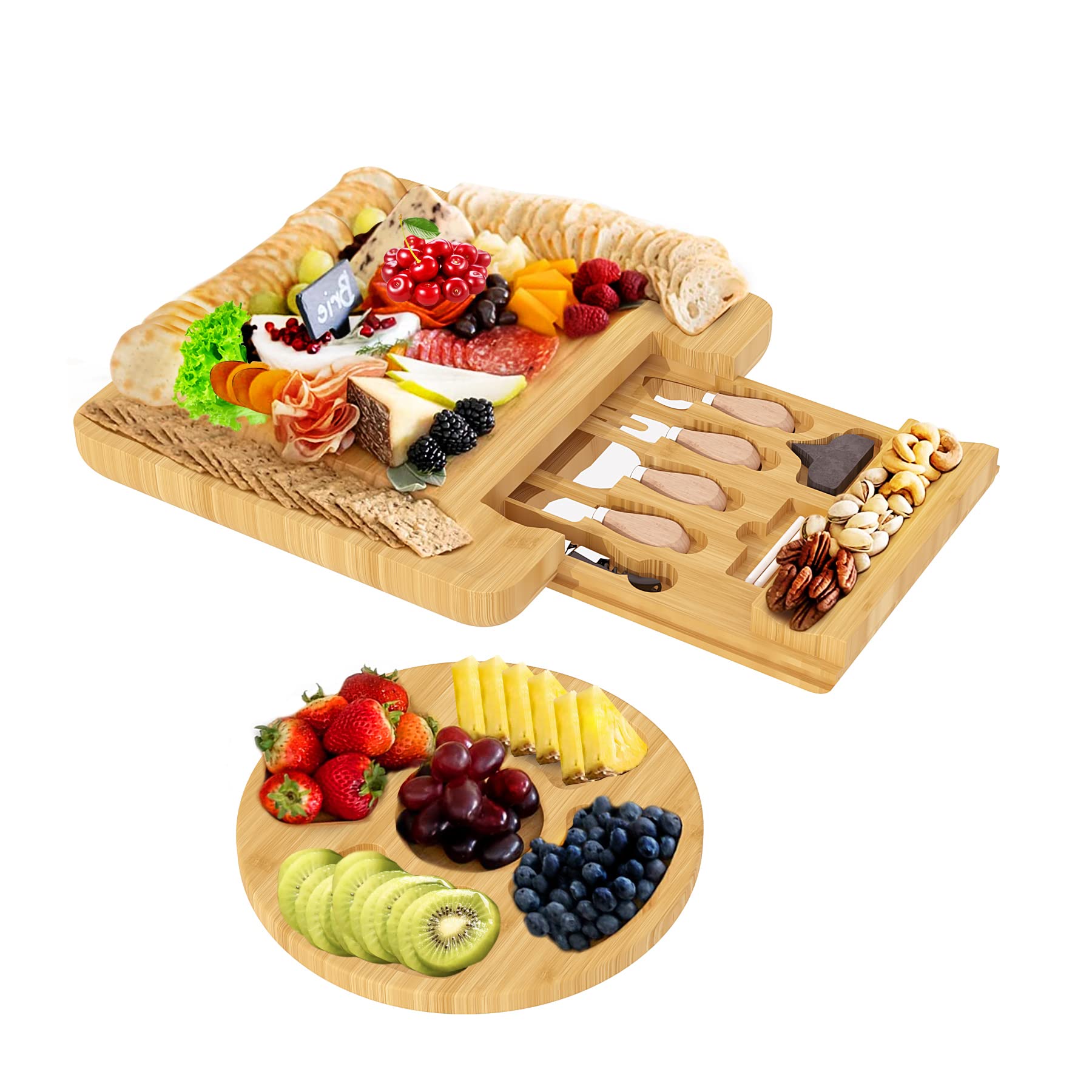 C&AHOME Cheese Board Set, Cheese Board Set and Knife Set, Bamboo Cheese Tray Platter, Cheese Platter Unique House Warming Gifts, Ideal for Birthday, Housewarming, Wedding Gifts, Natural UCBSBKFN