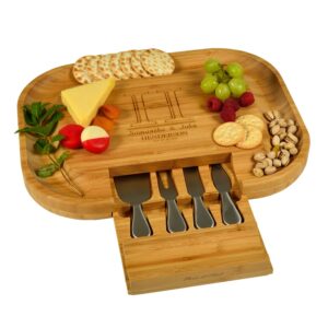 custom personalized engraved bamboo cheese/charcuterie cutting board with knife set & cheese markers- designed & quality checked in usa