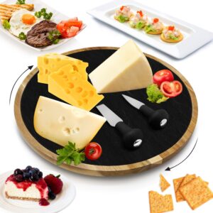 nutrichef jp cons catalog master rotating lazy susan cheese board-12 inch diameter acacia wood platter turntable serving set w/slate stone plate,stainlesssteel cutting knives,for picnic pkczbd40