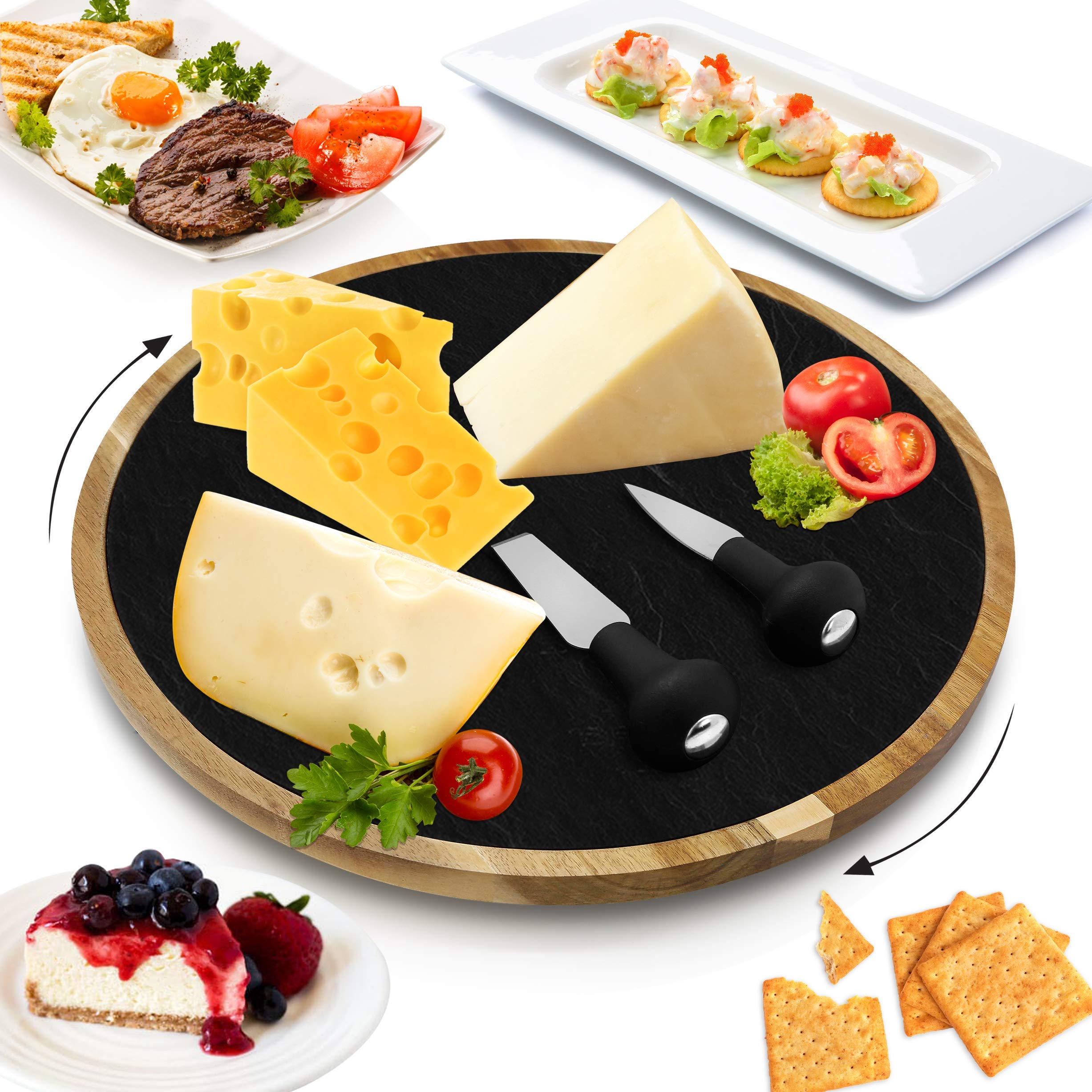 NutriChef JP Cons Catalog Master Rotating Lazy Susan Cheese Board-12 Inch Diameter Acacia Wood Platter Turntable Serving Set w/Slate Stone Plate,StainlessSteel Cutting Knives,For Picnic PKCZBD40