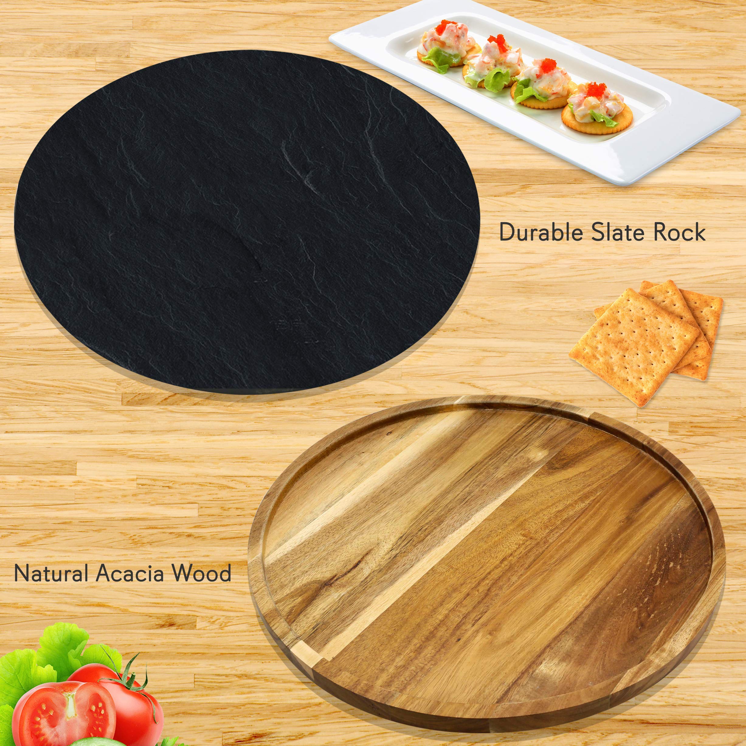 NutriChef JP Cons Catalog Master Rotating Lazy Susan Cheese Board-12 Inch Diameter Acacia Wood Platter Turntable Serving Set w/Slate Stone Plate,StainlessSteel Cutting Knives,For Picnic PKCZBD40