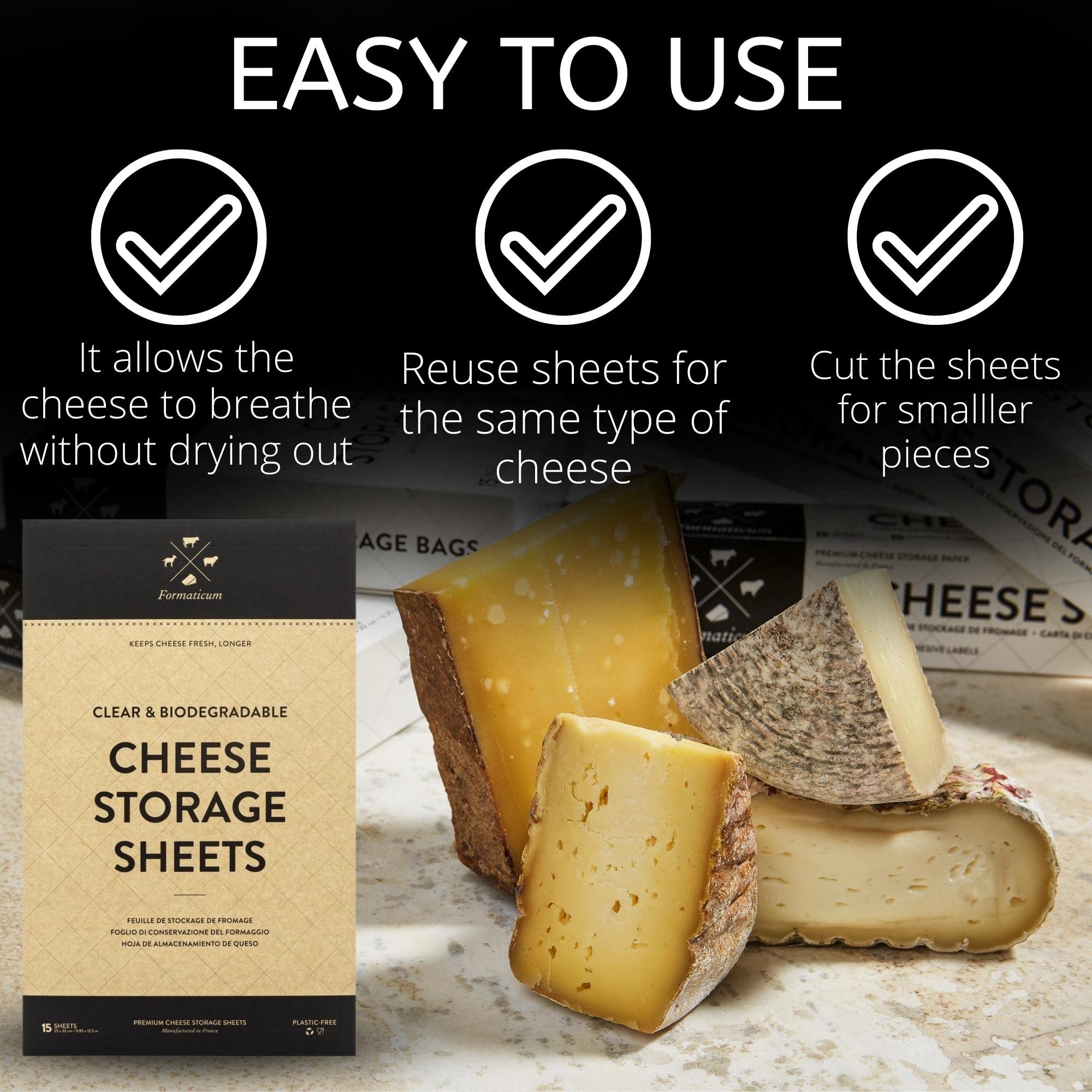 Formaticum Cheese Storage Sheets - Cheese Saver from France- Professional Earth Friendly Transparent Cheese Wrap - Cheese Sheet Savers of wood-based cellulose fibers - Clear 30 Sheets with 9" x 12"