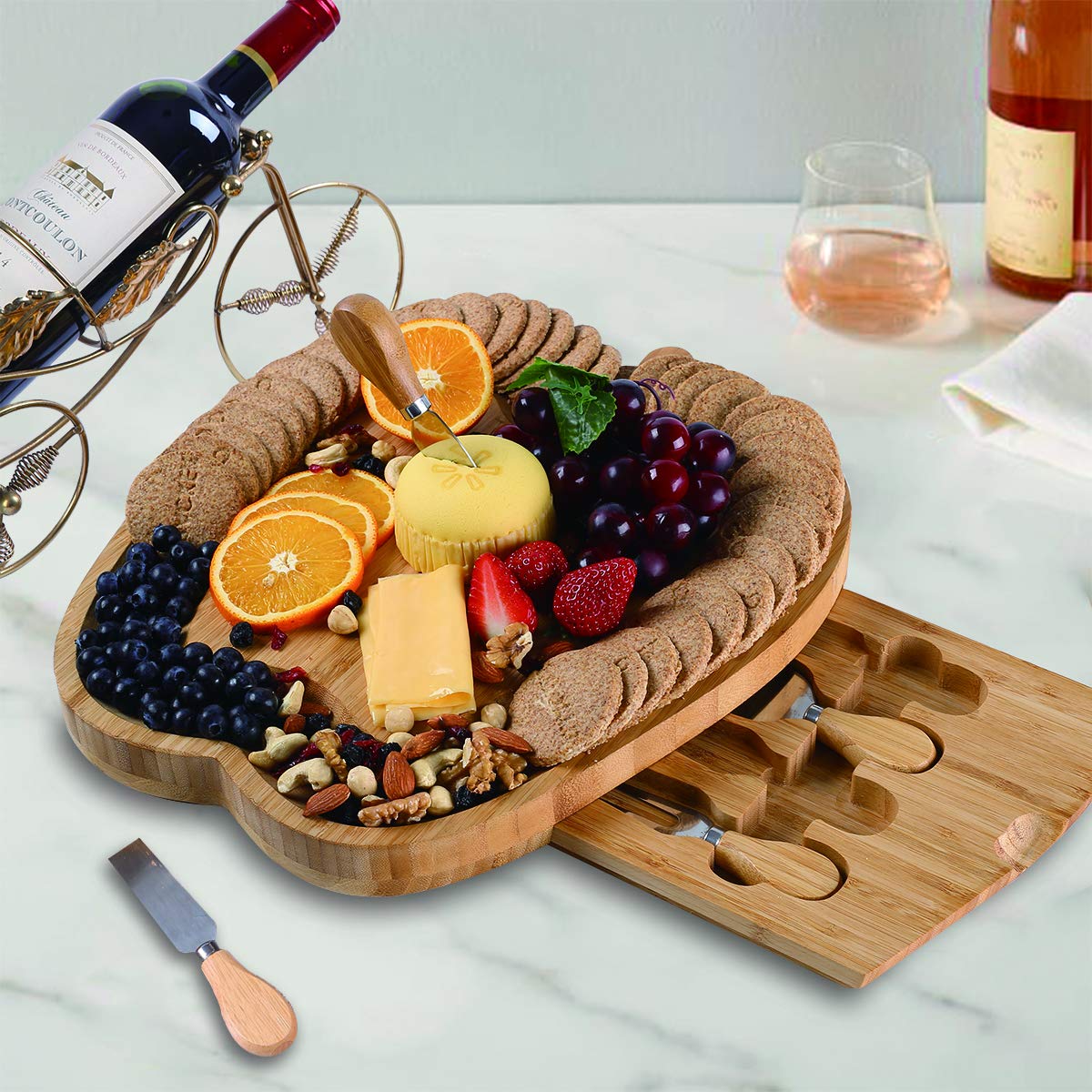 NIUXX Bamboo Cheese Boards with Knives Set, 13 Inch Large Charcuterie Board, Meat Cheese Serving Platter for Entertaining and Serving, Charcuterie Platter for Party Christmas