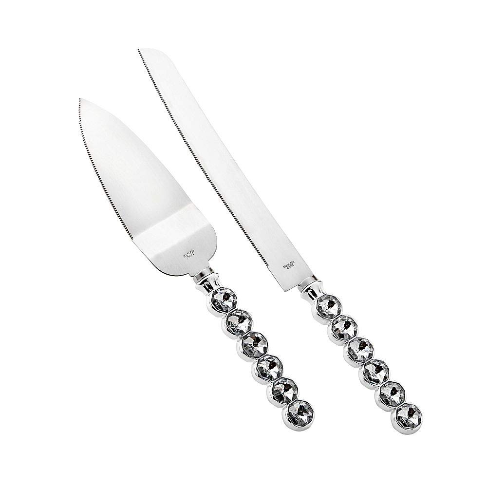 Fashioncraft 2557 Glitz and Glamour Silver Cake Server Set with Large Rhinestones - Wedding Cake Knife and Server Set