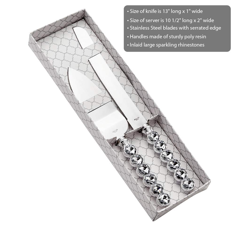 Fashioncraft 2557 Glitz and Glamour Silver Cake Server Set with Large Rhinestones - Wedding Cake Knife and Server Set