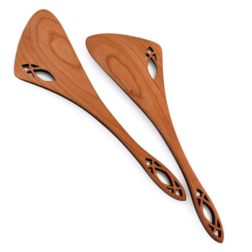 American Made Wild Cherry 10" Wooden Salad Paddles/Salad Servers, Cathedral Collection