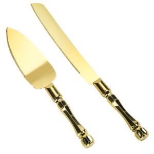 zomuia wedding cake knife and server set, stainless steel gold plated blades serving utensils, stainless steel cake pie pastry cutting knife for wedding cake, birthdays, anniversaries, parties-gold
