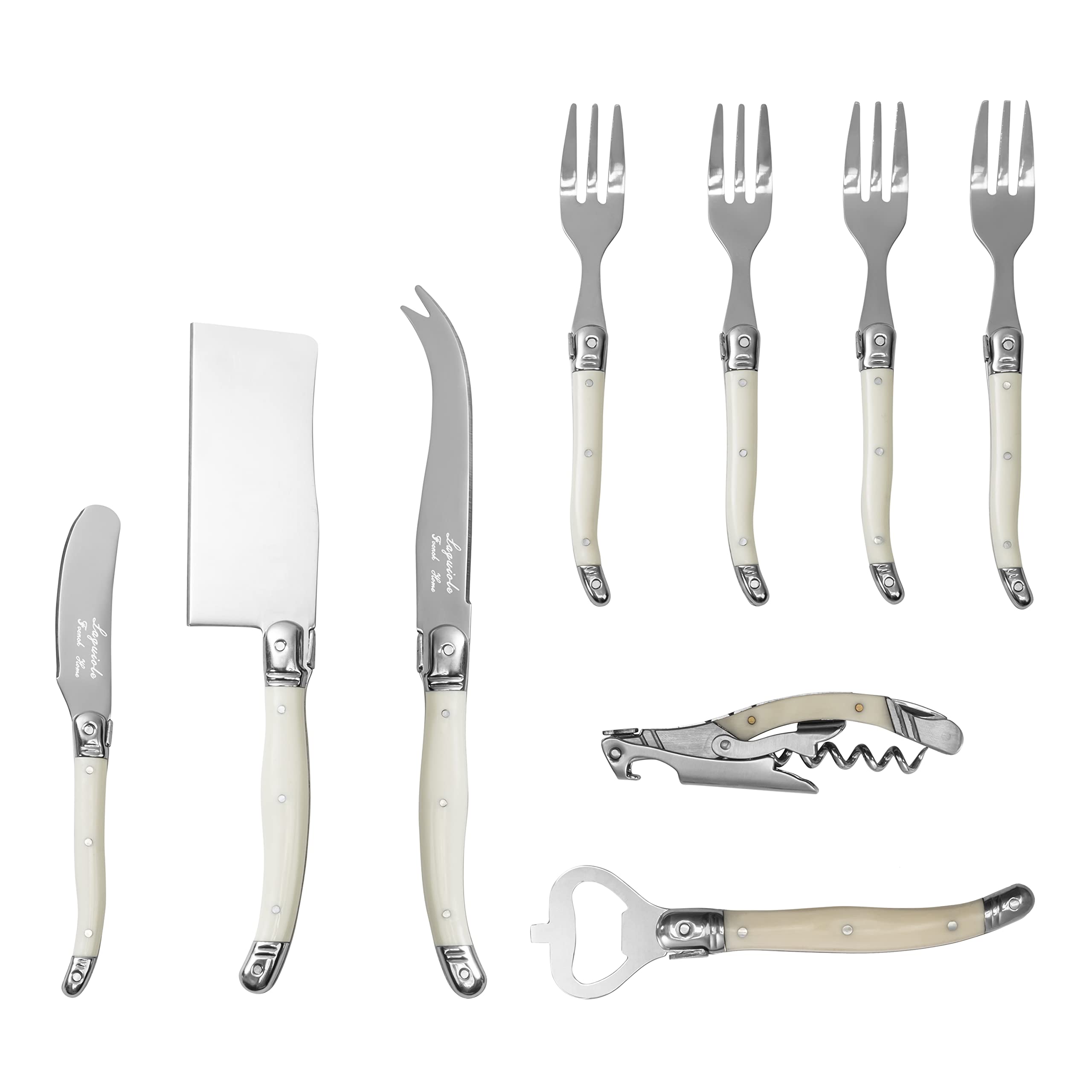 French Home Laguiole Charcuterie Serving Utensils Set of 9 – Kit w/Cleaver, Fork Set, barware & More – Cheese Serving Utensils w/Faux Ivory Handles for Parties