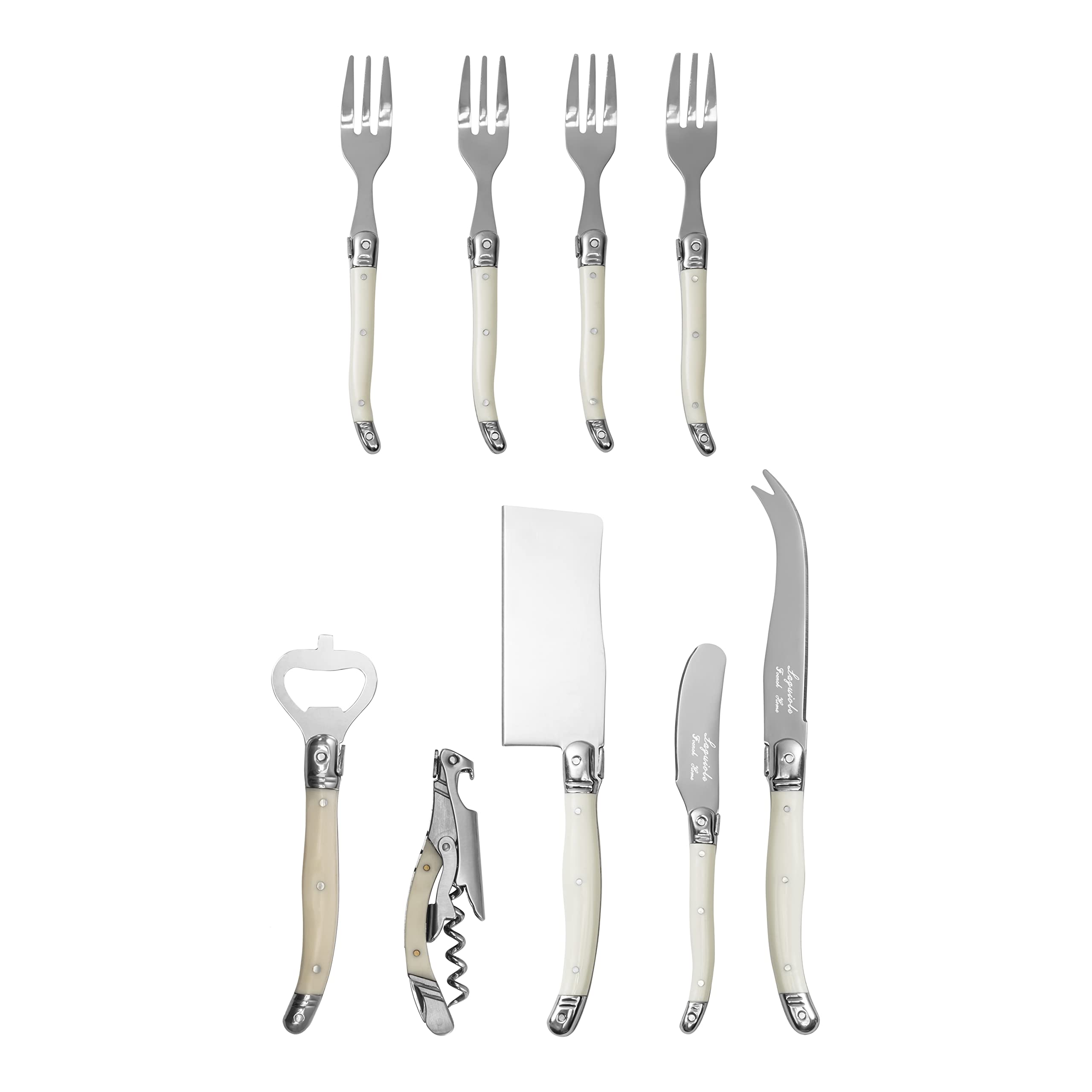 French Home Laguiole Charcuterie Serving Utensils Set of 9 – Kit w/Cleaver, Fork Set, barware & More – Cheese Serving Utensils w/Faux Ivory Handles for Parties