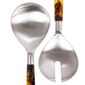 Creative Co-Op Stainless Steel Marbled Resin Handles, Set of 2 Styles Salad Servers, Brown