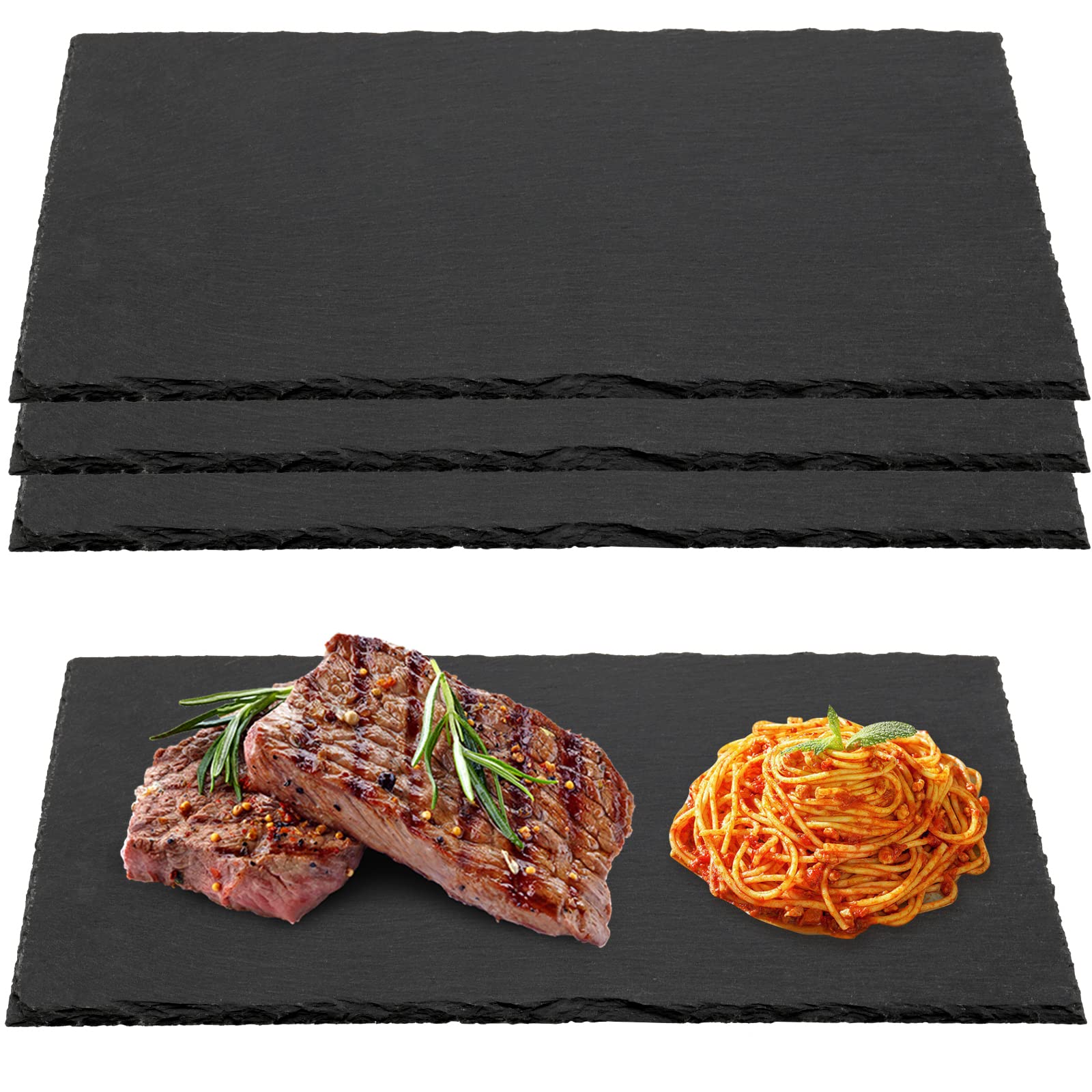 MUKLEI 4 Pack 12" x 8" Black Slate Cheese Boards, Black Slate Serving Platter with Natural Edge, Slate Stone Serving Tray for Cheese, Charcuterie, Sushi, Appetizers