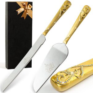sparking love hearts cake cutter and pie server set, stainless steel wedding cake knife and server set for birthday, anniversary, engagement or christmas gifts (fashion gold)