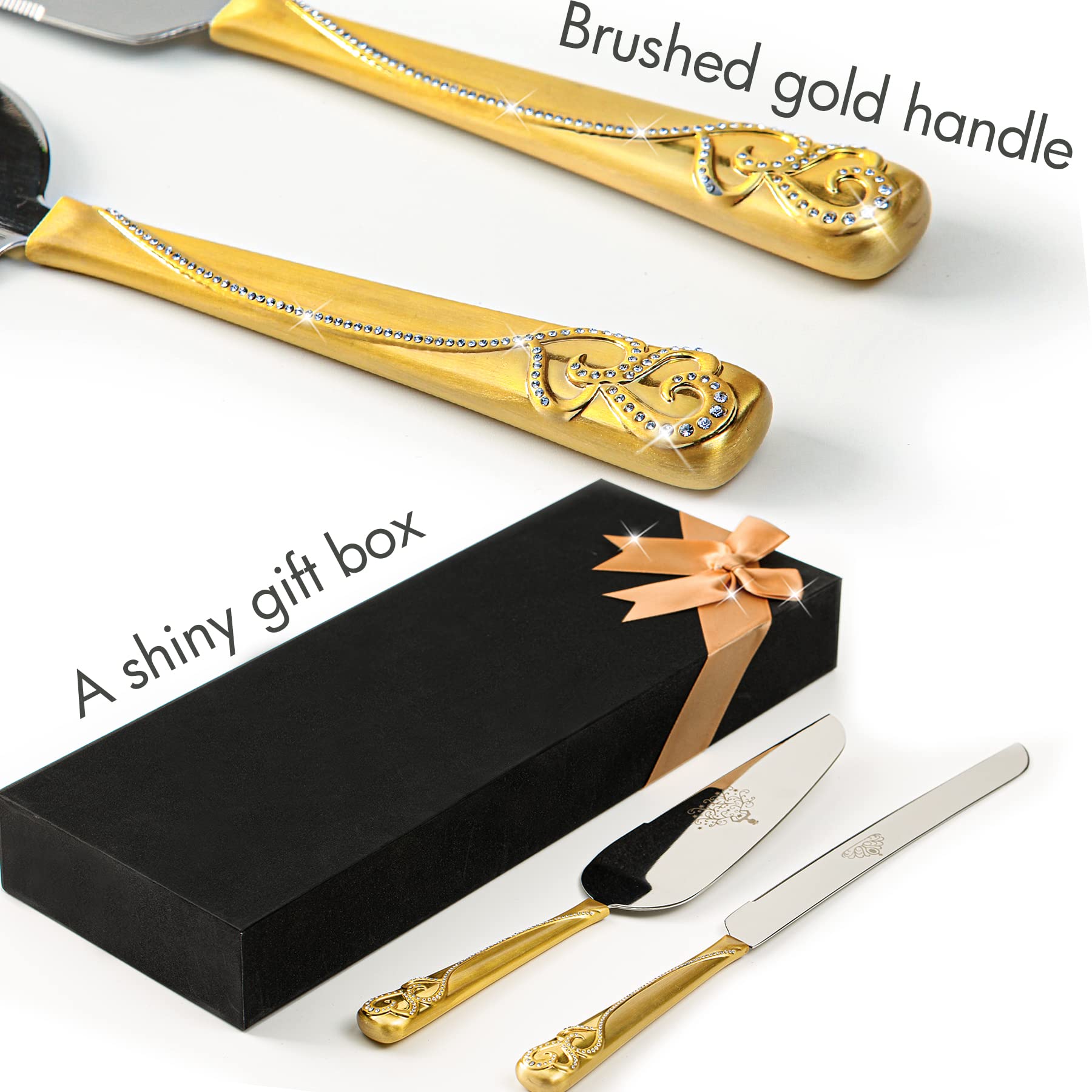 Sparking Love Hearts Cake Cutter and Pie Server Set, Stainless Steel Wedding Cake Knife and Server Set for Birthday, Anniversary, Engagement Or Christmas Gifts (Fashion gold)