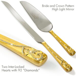 Sparking Love Hearts Cake Cutter and Pie Server Set, Stainless Steel Wedding Cake Knife and Server Set for Birthday, Anniversary, Engagement Or Christmas Gifts (Fashion gold)