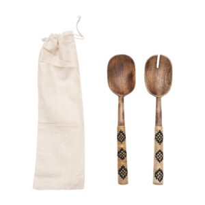 creative co-op mango wood salad servers with patterned rattan-wrapped handles serveware, set of 2, natural
