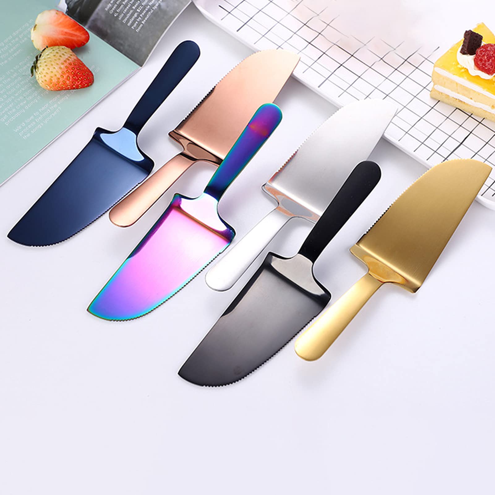 PAPABA Stainless Steel Pizza Shovel Bread Slicer Serrated Edge Cake Pie Server Divider Cake Cutter Knife Dessert Spatula Blue