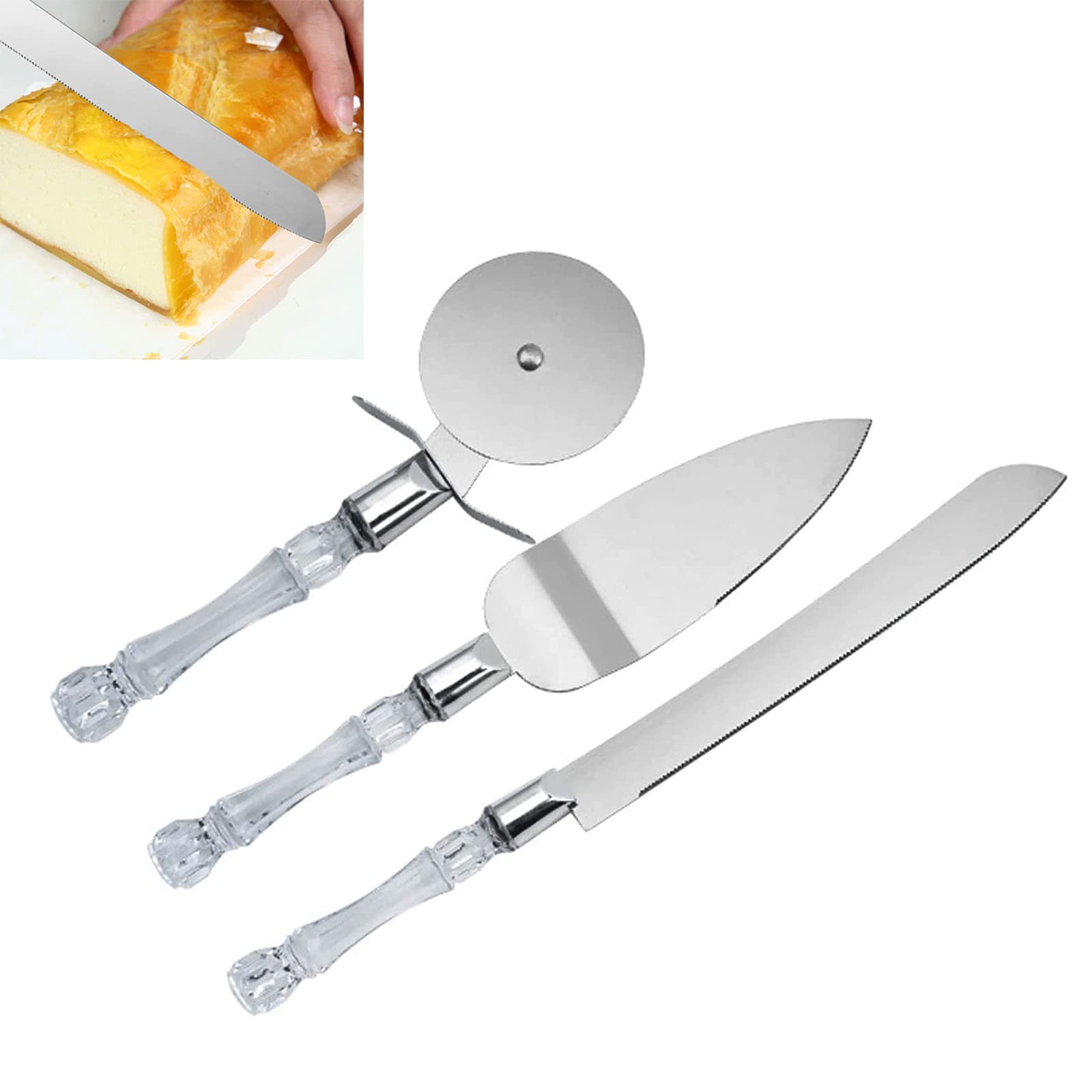 Cake Knife and Server Set, Xafissy 3PCS Stainless Steel Cake Cutting Set with Faux Crystal Handle for Wedding Cake Birthdays Anniversaries Parties Holiday Thanksgiving Christmas Dessert