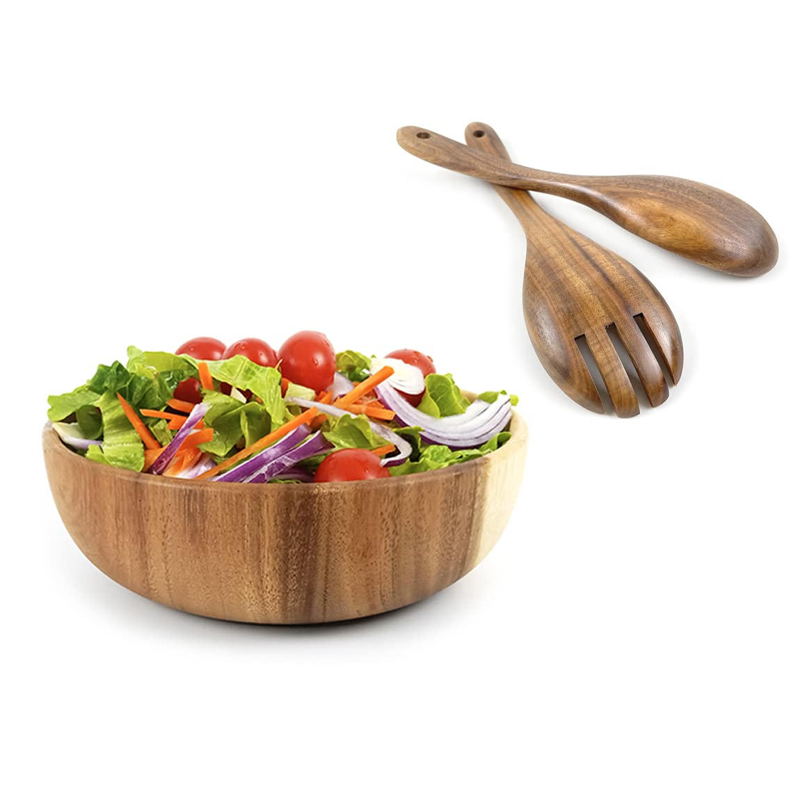 EWEIGEER 10.5-inch Wood Salad Server Acacia Wooden Serving Spoon Fork Set of 2