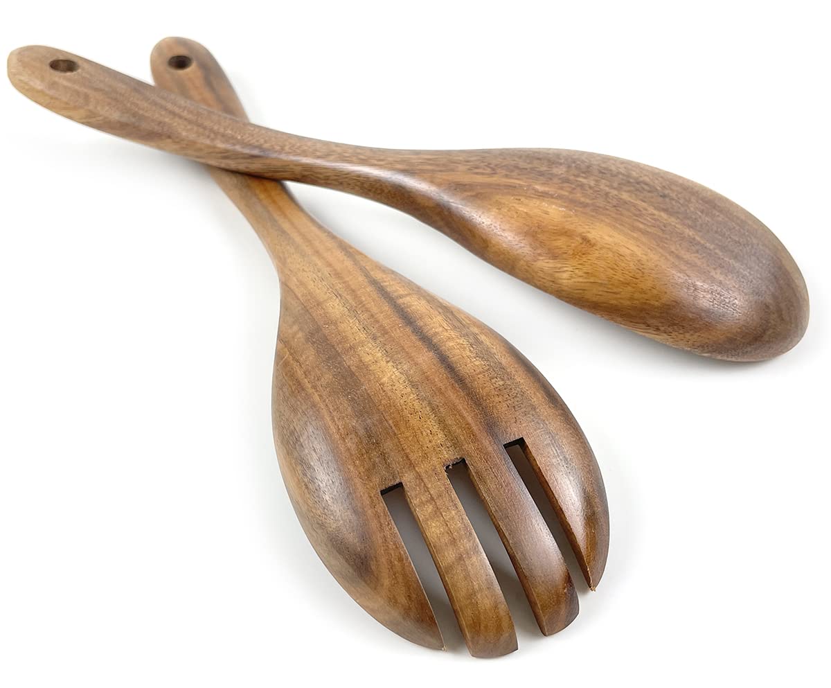 EWEIGEER 10.5-inch Wood Salad Server Acacia Wooden Serving Spoon Fork Set of 2