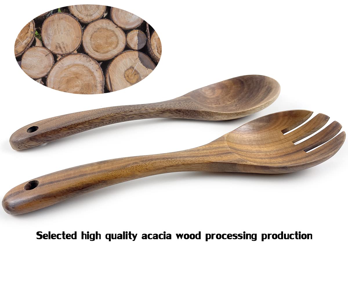 EWEIGEER 10.5-inch Wood Salad Server Acacia Wooden Serving Spoon Fork Set of 2