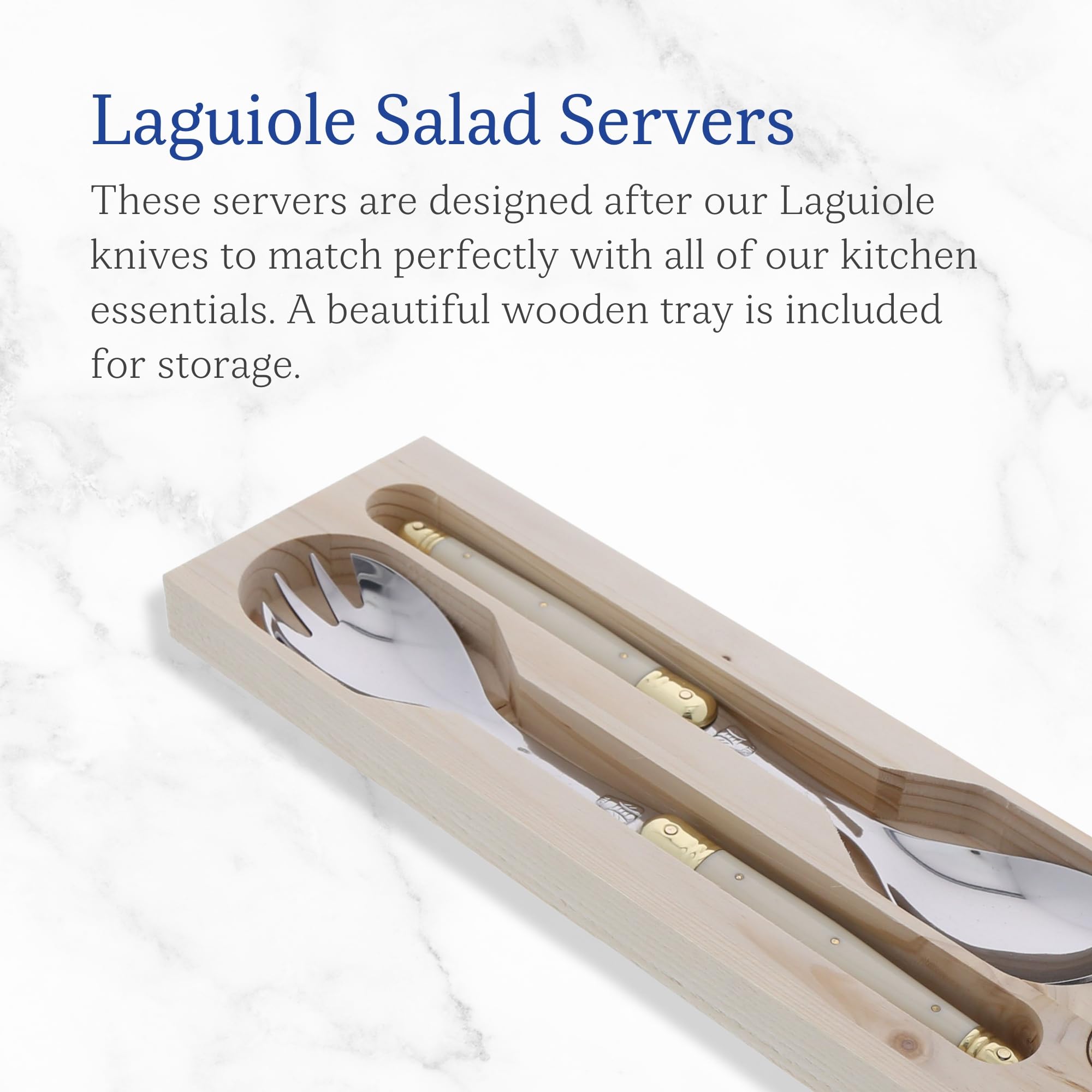 Jean Dubost Salad Servers, Ivory Handles - Rust-Resistant Stainless Steel - Includes Wooden Tray - Made in France