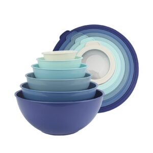 cook with color mixing bowls with tpr lids - 12 piece plastic nesting bowls set includes 6 prep bowls and 6 lids, microwave safe (blue)