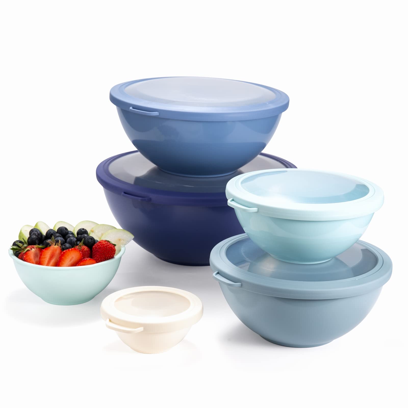 COOK WITH COLOR Mixing Bowls with TPR Lids - 12 Piece Plastic Nesting Bowls Set includes 6 Prep Bowls and 6 Lids, Microwave Safe (Blue)