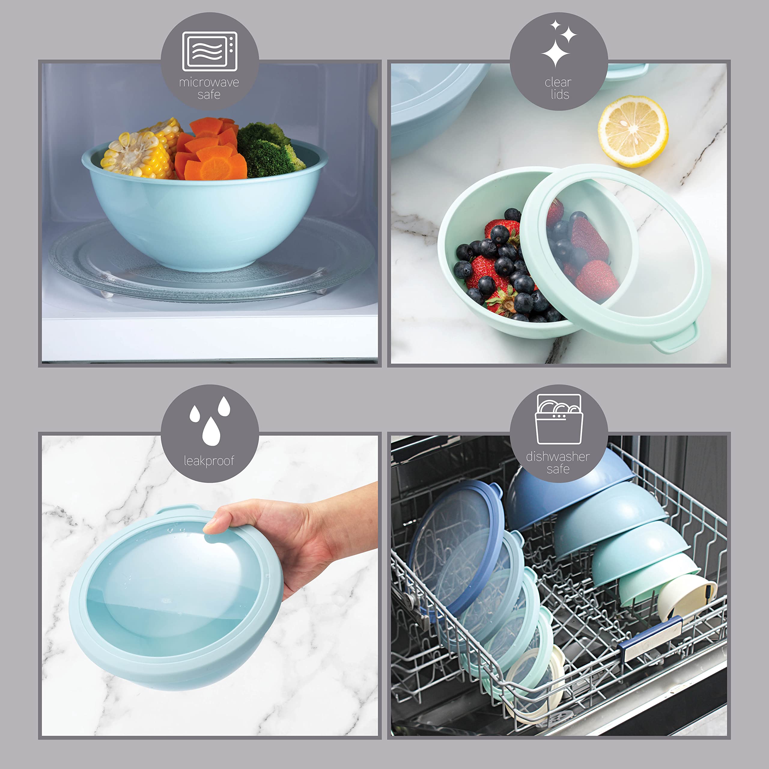 COOK WITH COLOR Mixing Bowls with TPR Lids - 12 Piece Plastic Nesting Bowls Set includes 6 Prep Bowls and 6 Lids, Microwave Safe (Blue)