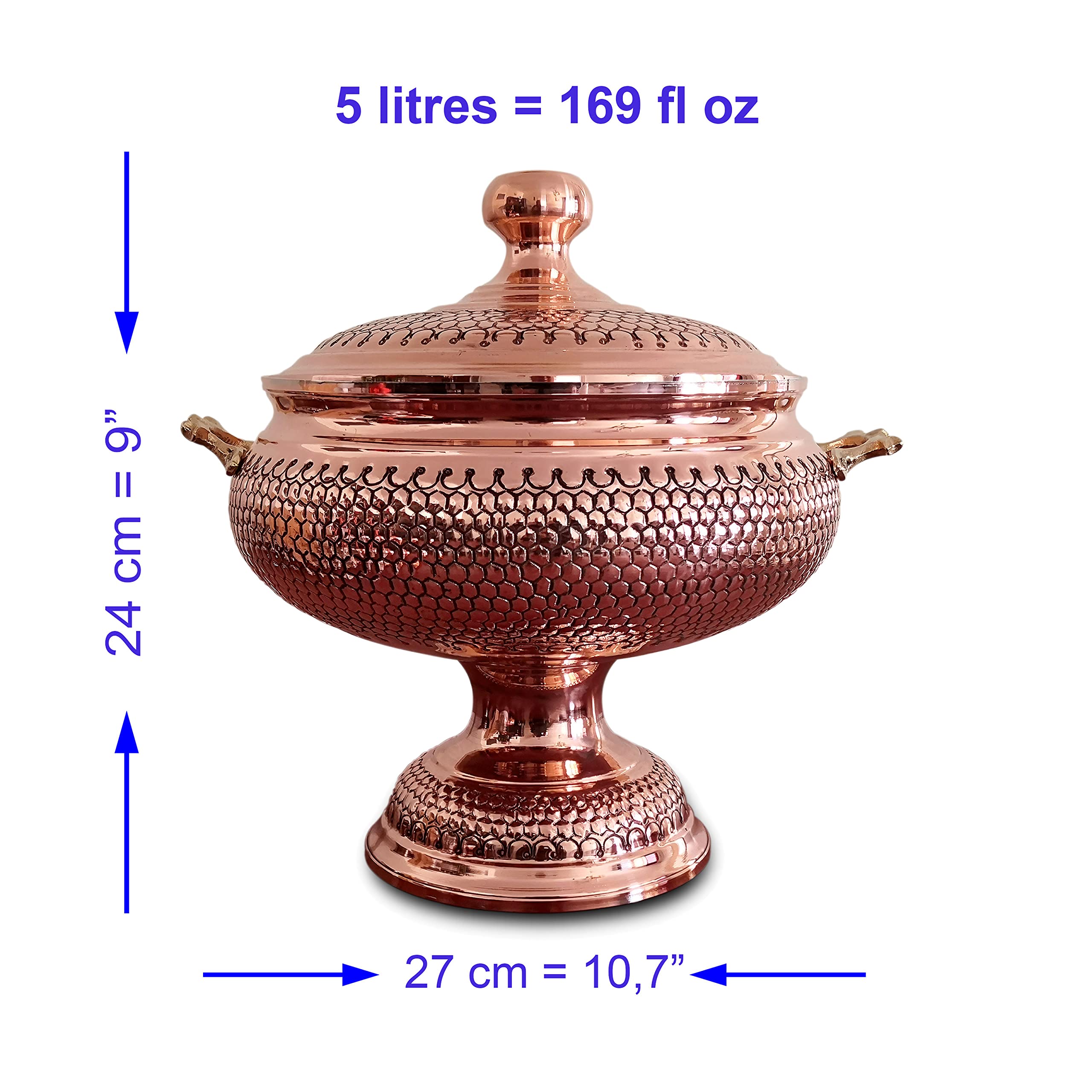 Binbir Trend Handmade Copper Soup Tureen with Lid, Soup Server Pot, Large Serving Bowl - Honeycomb Pattern - Tinned Copper-169 Fl Oz