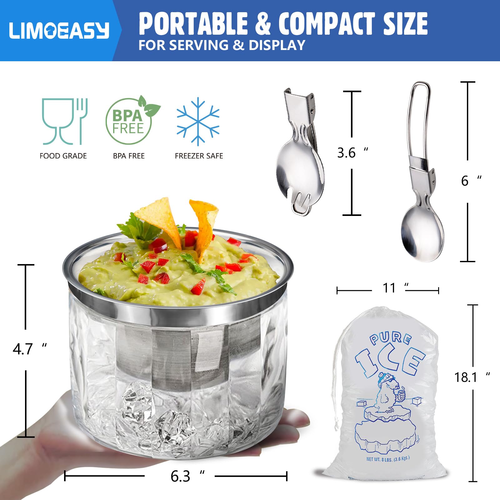 LIMOEASY Chilled Dip Bowl, 25 oz Ice Serving Bowl with Lid for Parties, Cold Serving Dish for Shrimp Cocktail, Hummus, Salsa, Guacamole, Sauces, Pasta, Condiments, Dressing, Snacks