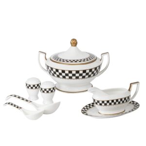 porlien checker dinner serving set with soup tureen, soup ladles, gravy boat with ladle and stand and salt & pepper shaker