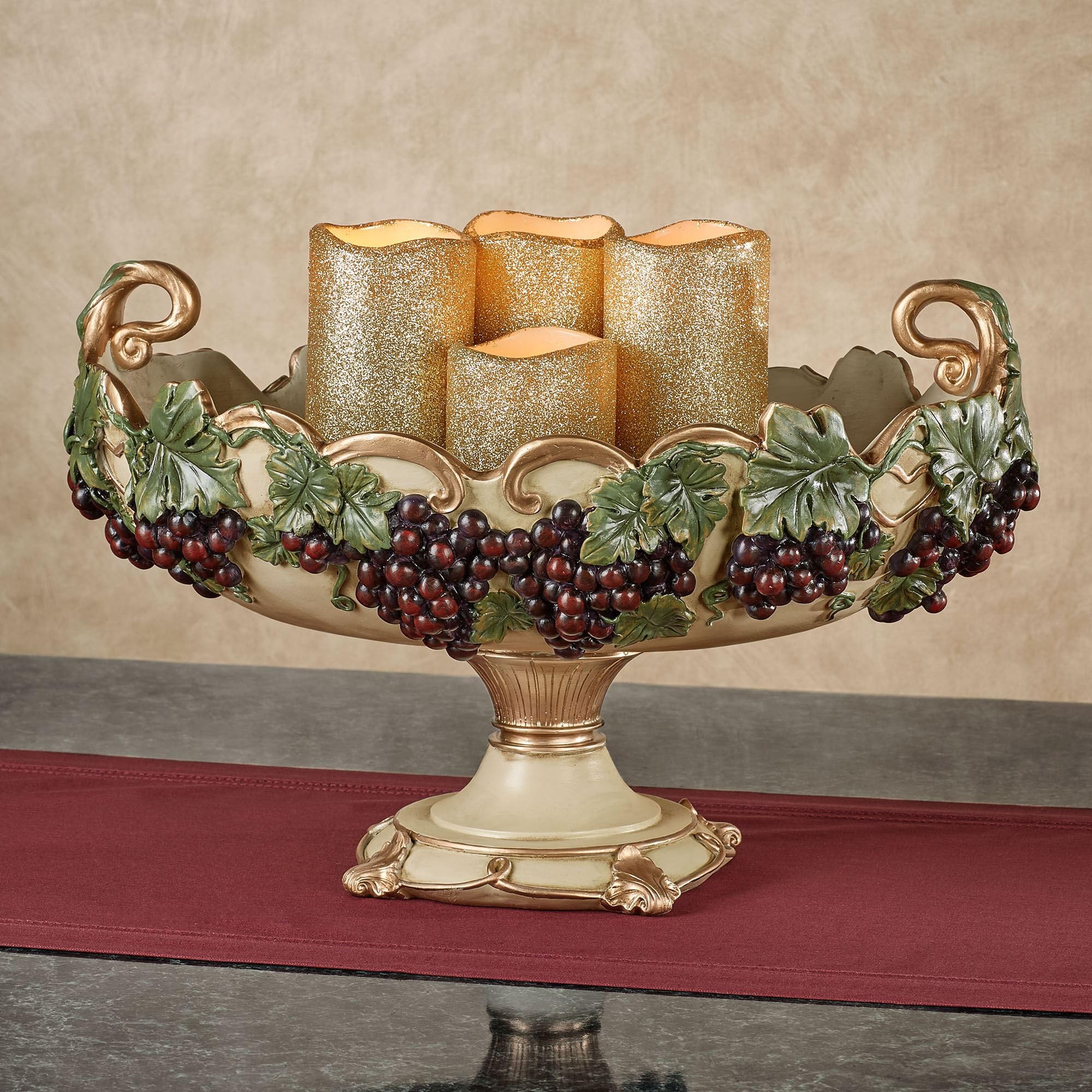 Touch of Class Vigne Elegante Decorative Centerpiece Bowl - Sage Green, Gold, Ivory - Grapes, Leaves, Vines Design - Painted by Hand - Tuscan Style Decor - Bowls for Dining Room, Kitchen