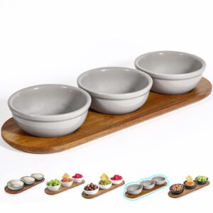 artena 12 oz solid ceramic chip and dip serving set with acacia wooden tray, 5-inch grey dipping bowls, small serving bowls for side dishes, salsa, appetizer, serving dishes for entertaining