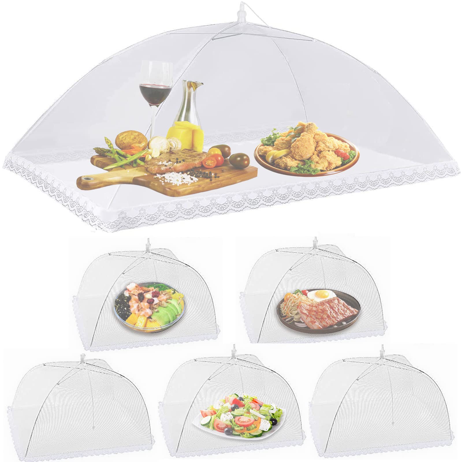 6 Pack Pop-Up Mesh Food Covers for Outdoors 1 Large (40"x 24") & 5 (17"x17") Food Tent Covers Umbrella Screen Tents Food Nets for Outdoors Reusable and Collapsible Parties Picnics BBQs