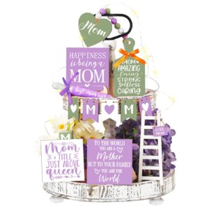 15 pcs mother's day tiered tray decor happy mother's day lavender wood signs farmhouse decorations wooden heart bead garland with led string lights for mothers gift tabletop, purple, green