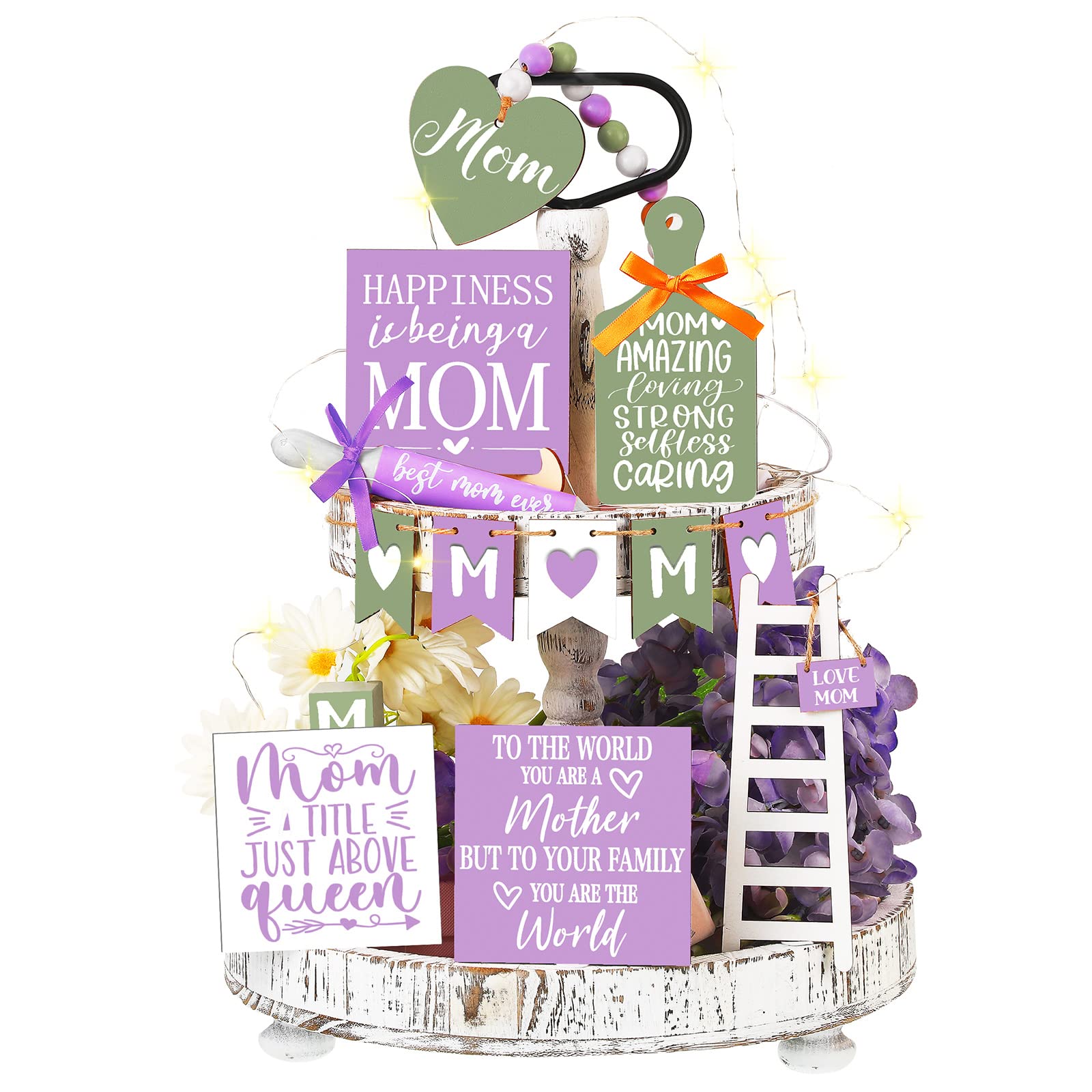 15 Pcs Mother's Day Tiered Tray Decor Happy Mother's Day Lavender Wood Signs Farmhouse Decorations Wooden Heart Bead Garland with LED String Lights for Mothers Gift Tabletop, Purple, Green