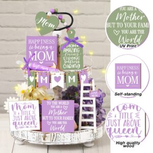 15 Pcs Mother's Day Tiered Tray Decor Happy Mother's Day Lavender Wood Signs Farmhouse Decorations Wooden Heart Bead Garland with LED String Lights for Mothers Gift Tabletop, Purple, Green