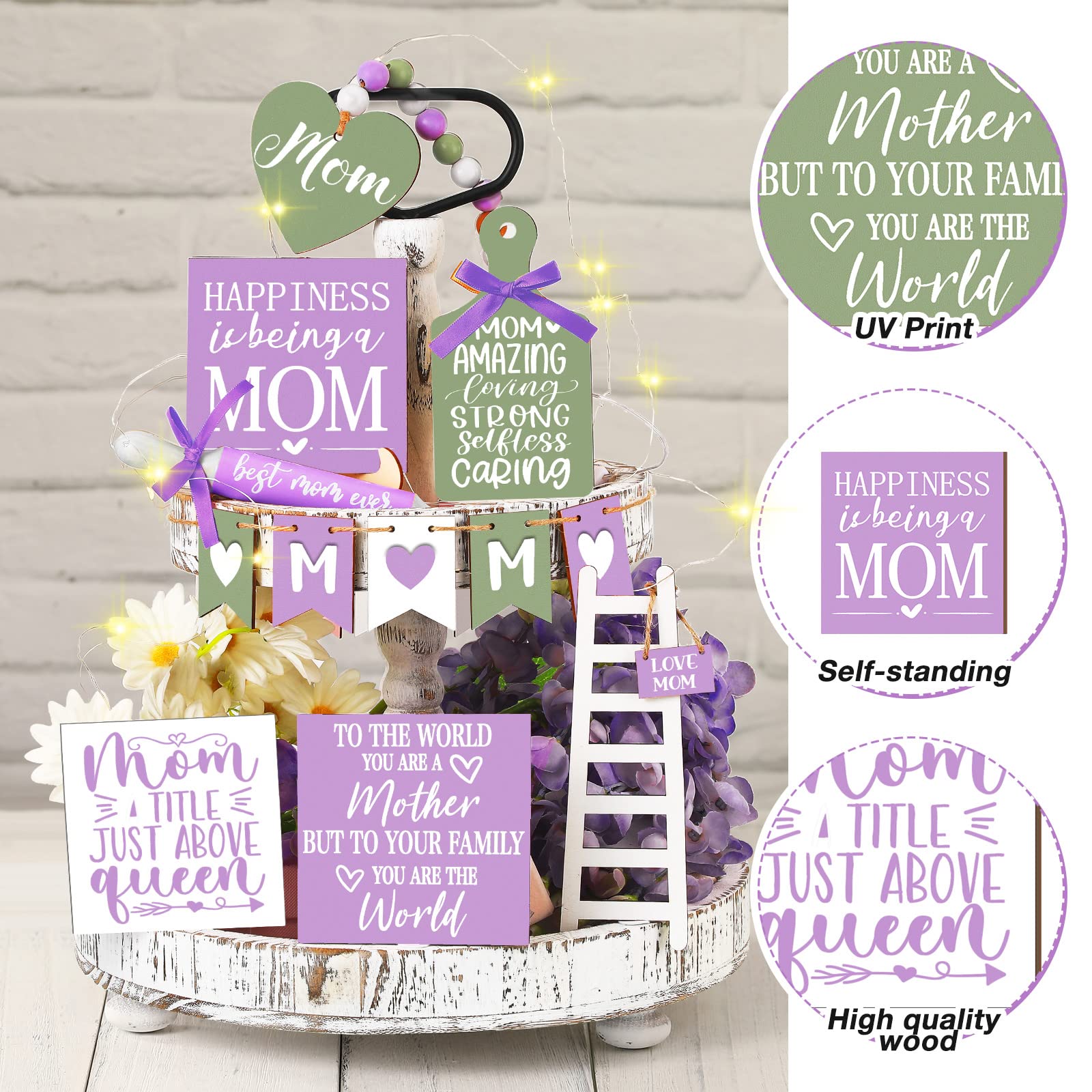 15 Pcs Mother's Day Tiered Tray Decor Happy Mother's Day Lavender Wood Signs Farmhouse Decorations Wooden Heart Bead Garland with LED String Lights for Mothers Gift Tabletop, Purple, Green