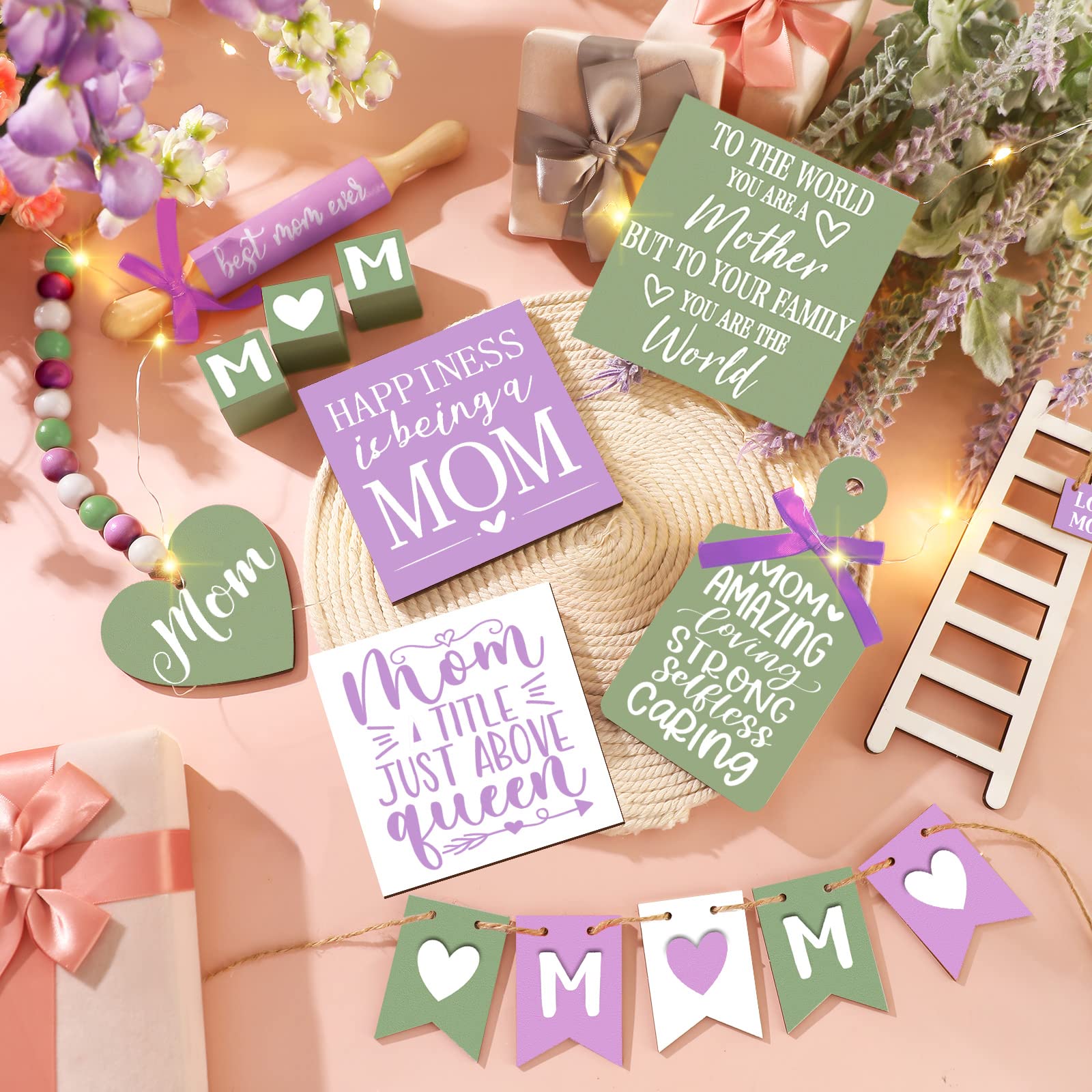 15 Pcs Mother's Day Tiered Tray Decor Happy Mother's Day Lavender Wood Signs Farmhouse Decorations Wooden Heart Bead Garland with LED String Lights for Mothers Gift Tabletop, Purple, Green