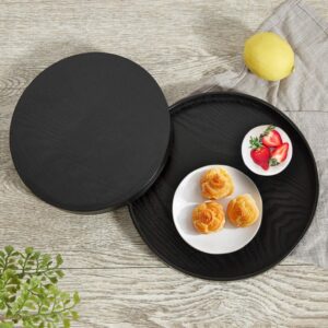 Round Wood Serving Tray, Solid Wooden Decorative Tray Non-Slip Tea Coffee Table Tray Snack Plate Food Meals Serving Tray with Raised Edges for Home Decor Kitchen Restaurant(11.8inch/30cm, Black)