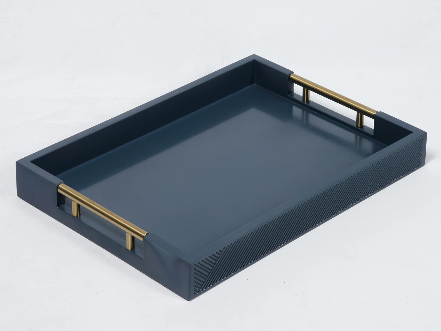 Serving Tray with Polished Metal Handles, 16.5''x12'' Rectangle Coffee Table Tray, Modern Decorative Tray, Large Ottoman Tray, Perfect for Storage and Display (Blue)