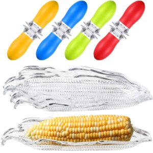 nuenen 4 pieces corn trays and 8 pieces corn cob holder sets, corn cob stainless steel barbecue tools and service tray corn tableware set, corn cob holders in random colors (translucent tray)