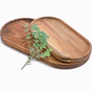 elsjoy set of 2 acacia wooden serving trays, natural wood serving platters set with lip, oval charcuterie plates board rustic long bread fruit dishes for kitchen decor, 14"x7" and 11"x5.5"